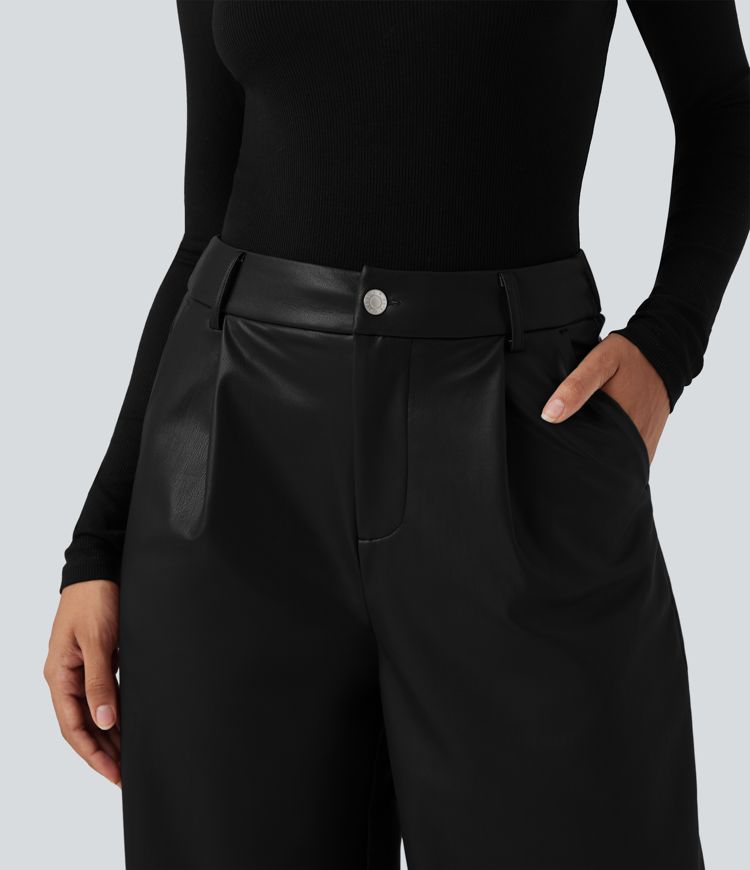 High Waisted Wide Leg Fleece Casual PU Leather Pants with Pockets