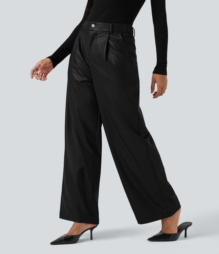 High Waisted Wide Leg Fleece Casual PU Leather Pants with Pockets