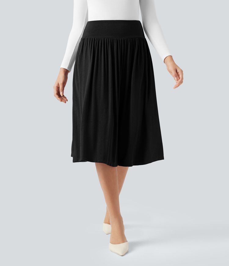 Lässiger, fließender Midirock mit hohem Bund, Seitentaschen und Bauchkontrolle