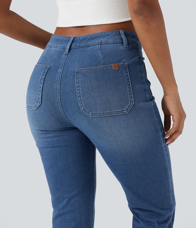 Halara Flex™ mittelhohe, fleecegefütterte Denim-Bootcut-Jeans mit Taschen