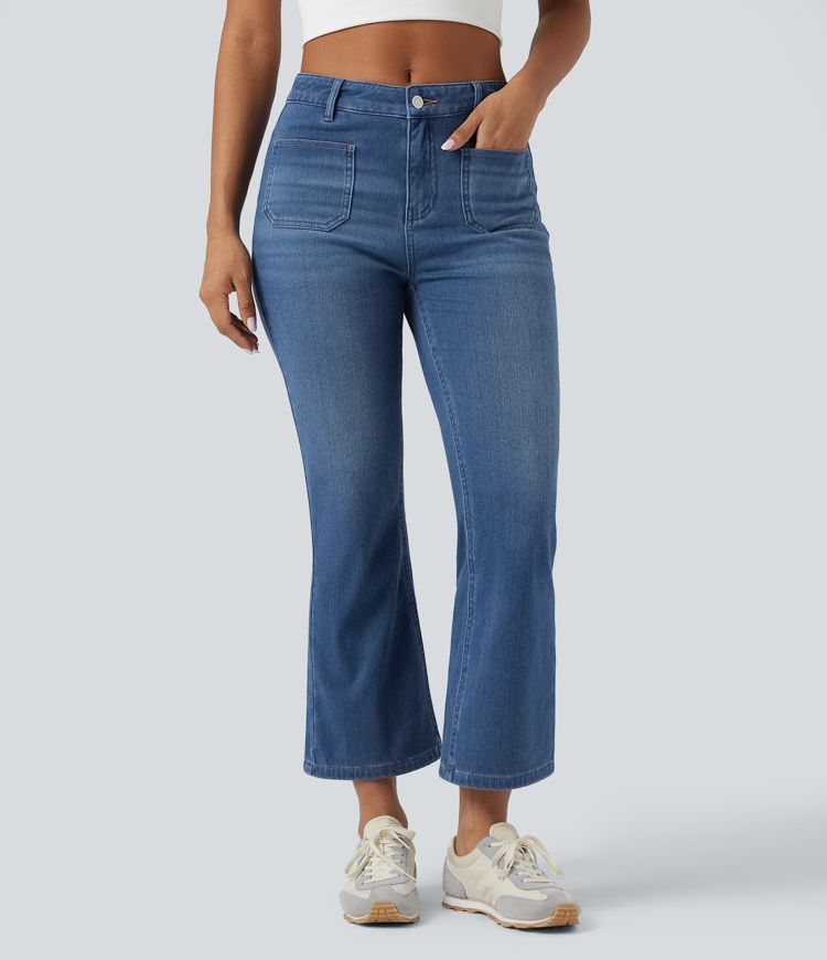 Halara Flex™ mittelhohe, fleecegefütterte Denim-Bootcut-Jeans mit Taschen