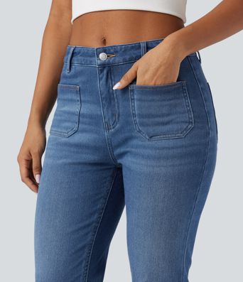 Halara Flex™ mittelhohe, fleecegefütterte Denim-Bootcut-Jeans mit Taschen