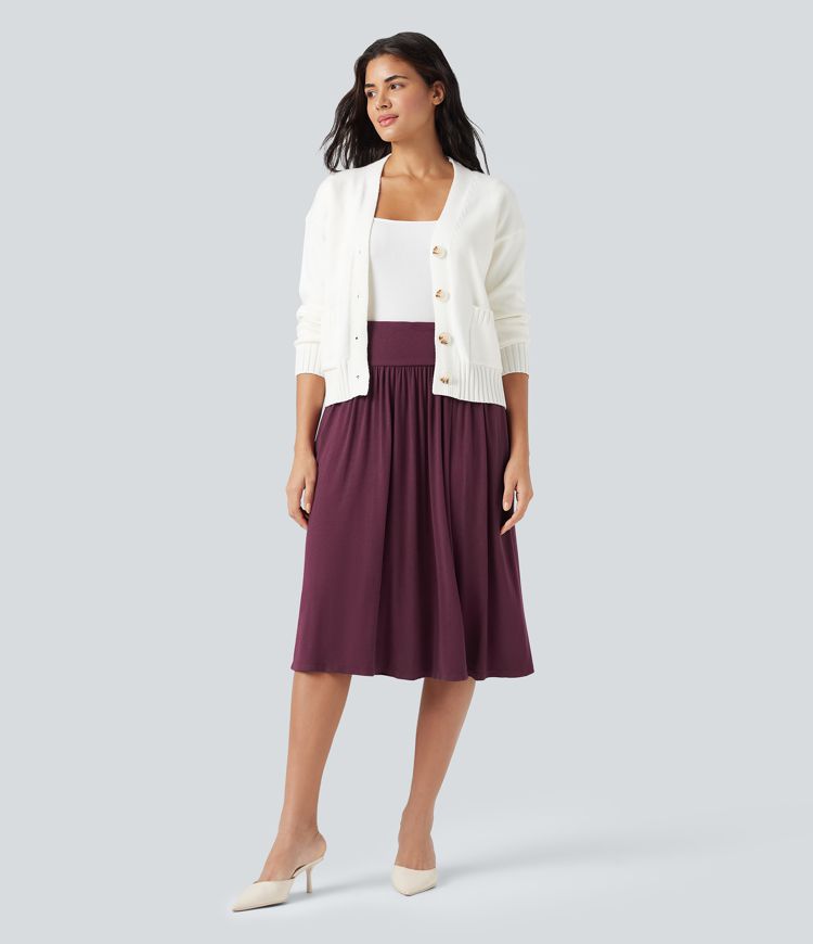 High Waisted Tummy Control Flowy Midi Casual Skirt with Pockets