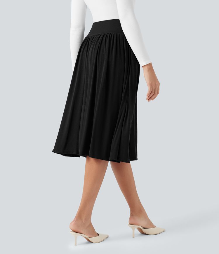 Lässiger, fließender Midirock mit hohem Bund, Seitentaschen und Bauchkontrolle