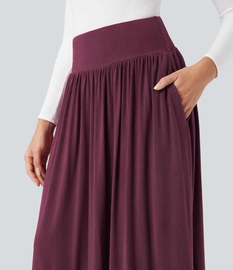 High Waisted Tummy Control Flowy Midi Casual Skirt with Pockets