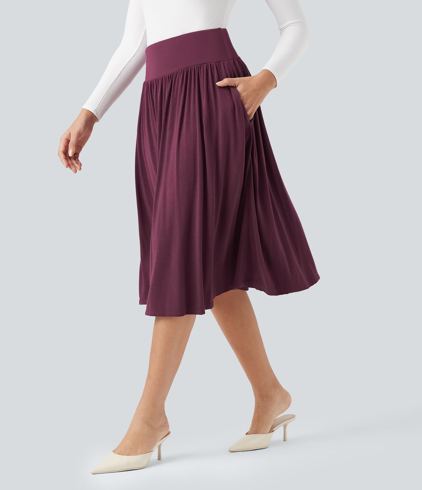 High Waisted Tummy Control Flowy Midi Casual Skirt with Pockets