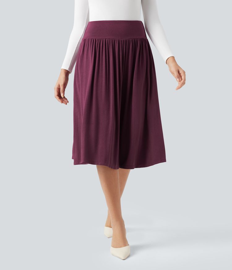 High Waisted Tummy Control Flowy Midi Casual Skirt with Pockets