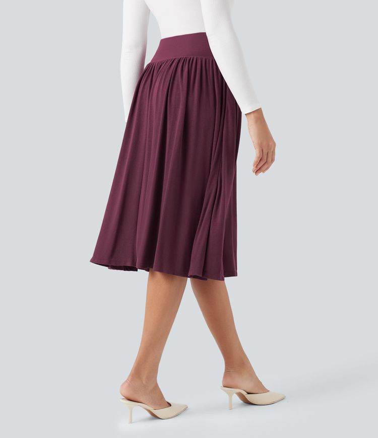 High Waisted Tummy Control Flowy Midi Casual Skirt with Pockets