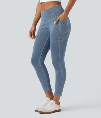 Halara Flex™ Crossover Pocket Washed Denim Work Leggings Halara Flex™ Crossover Pocket Washed Denim Work Leggings
