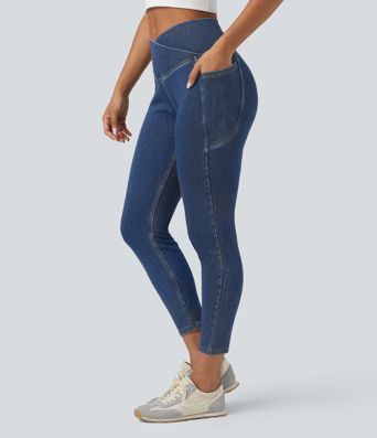 Halara Flex™ Crossover Pocket Washed Denim Work Leggings Halara Flex™ Crossover Pocket Washed Denim Work Leggings