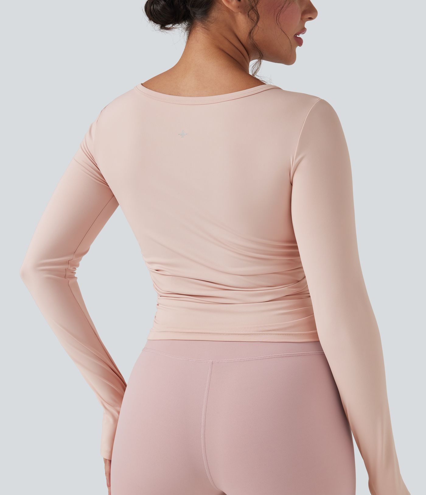 Round Neck Long Sleeve Thumb Holes Ruched Yoga Sports Top