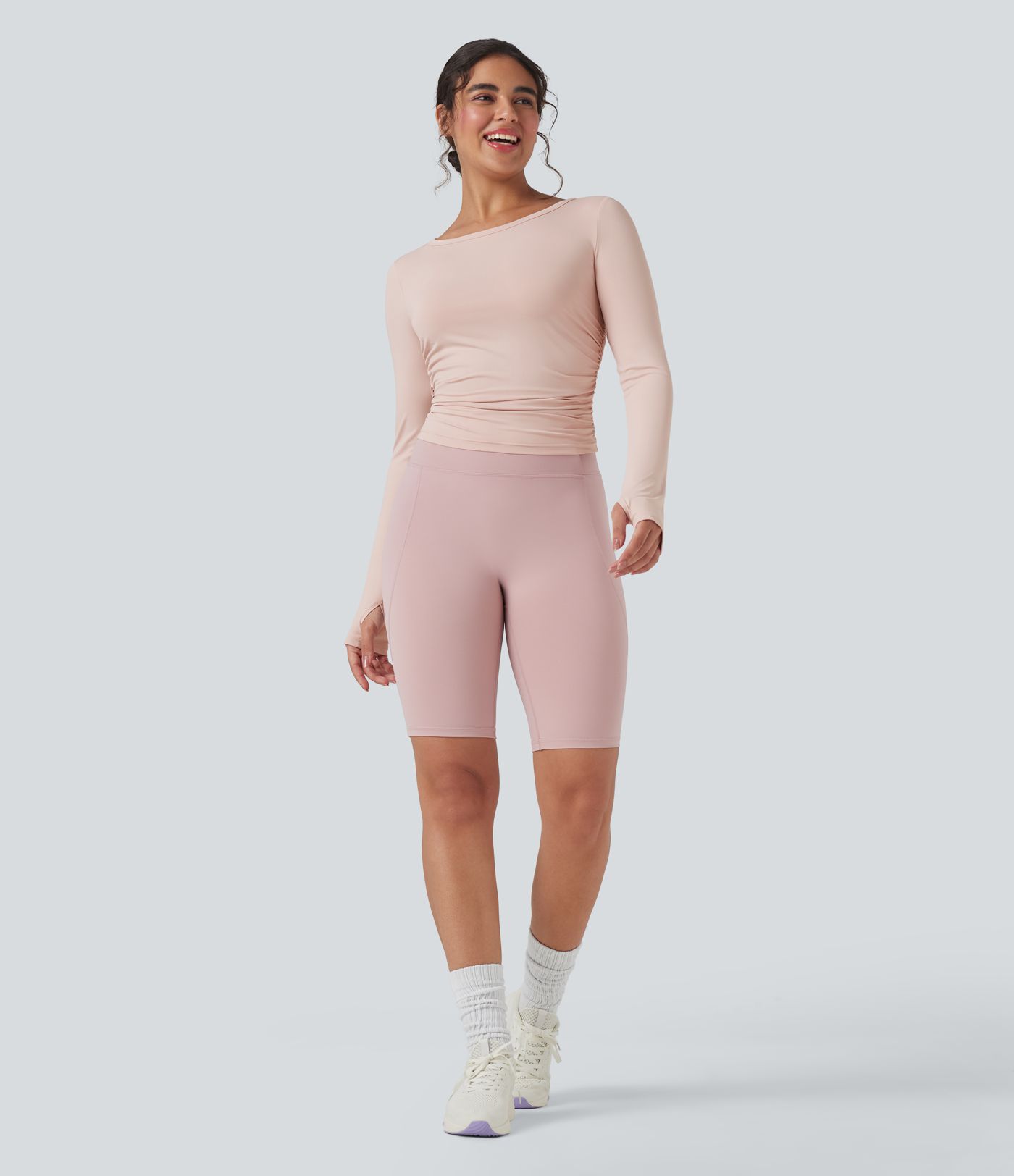 Round Neck Long Sleeve Thumb Holes Ruched Yoga Sports Top