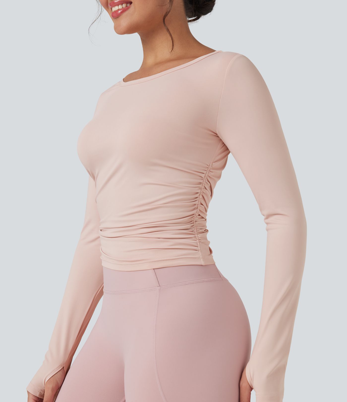 Round Neck Long Sleeve Thumb Holes Ruched Yoga Sports Top