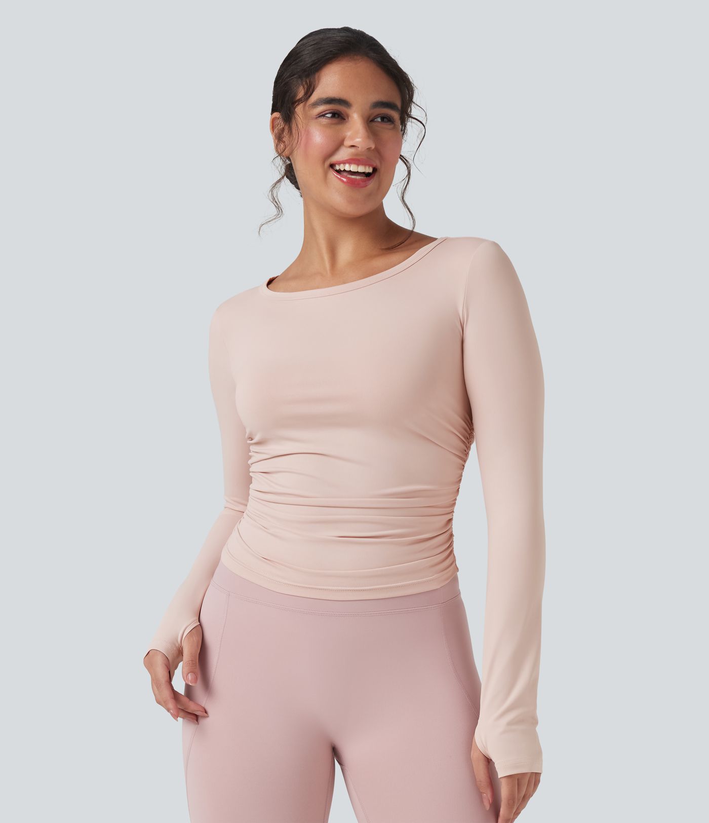 Round Neck Long Sleeve Thumb Holes Ruched Yoga Sports Top