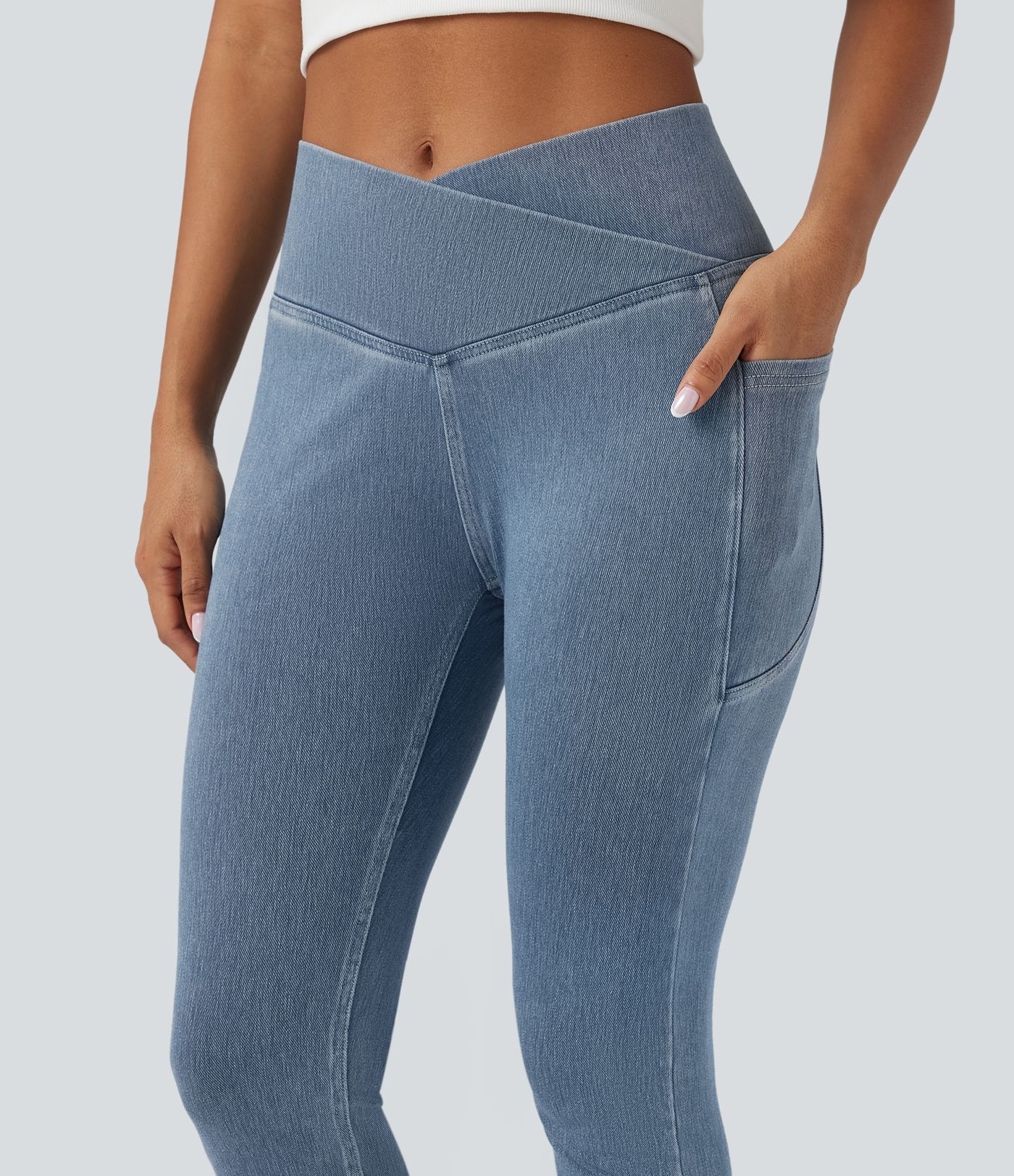 Halara Flex™ Crossover Pocket Washed Denim Work Leggings Halara Flex™ Crossover Pocket Washed Denim Work Leggings