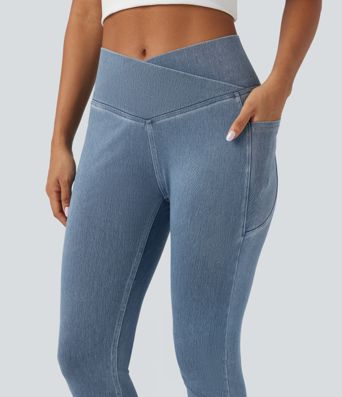 Halara Flex™ Crossover Pocket Washed Denim Work Leggings Halara Flex™ Crossover Pocket Washed Denim Work Leggings