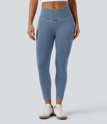 Halara Flex™ Crossover Pocket Washed Denim Work Leggings Halara Flex™ Crossover Pocket Washed Denim Work Leggings