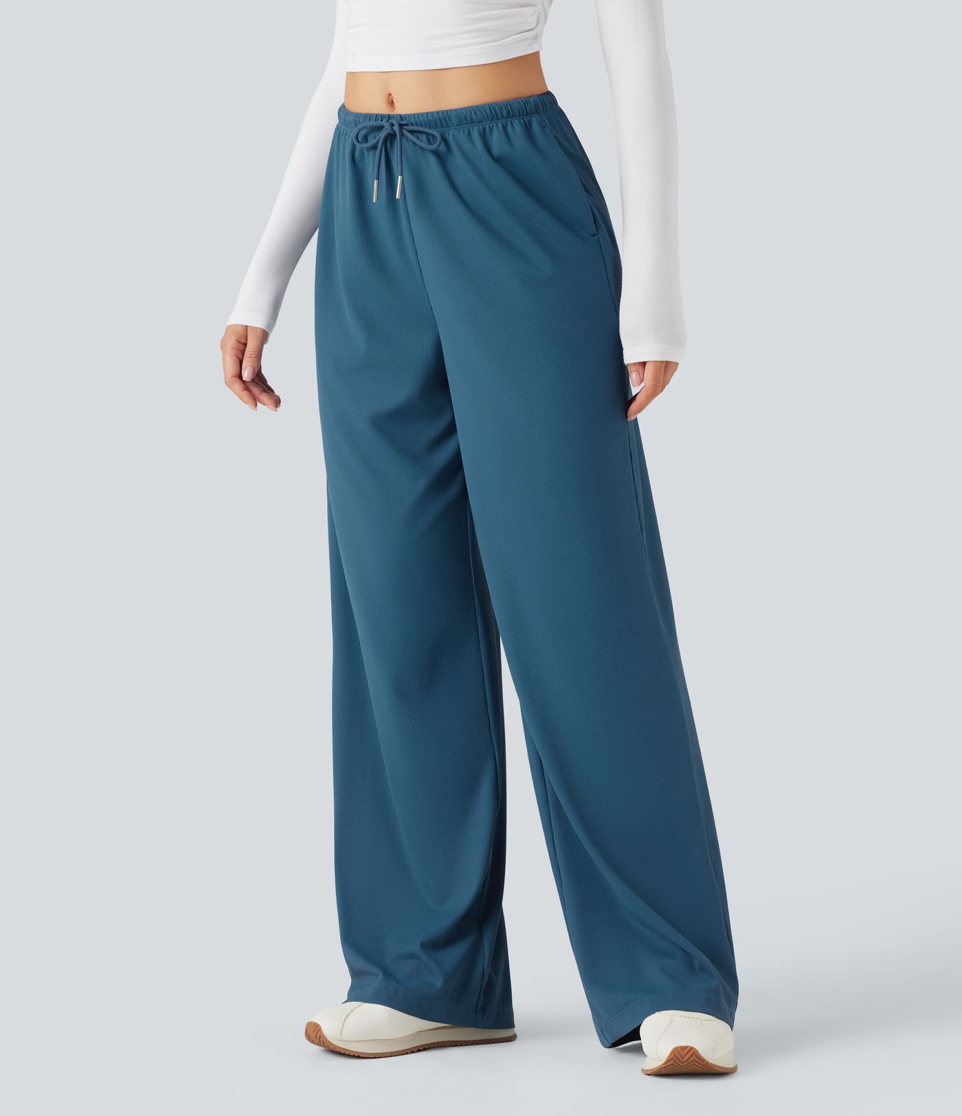 Mid Rise Drawstring Straight Leg Waffle Knit Yoga Pants with Pockets