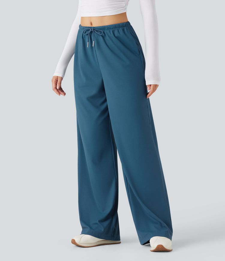 Mid Rise Drawstring Straight Leg Waffle Knit Yoga Pants with Pockets