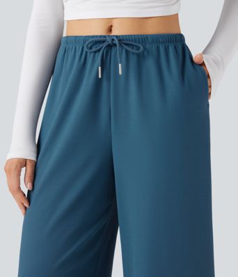 Mid Rise Drawstring Straight Leg Waffle Knit Yoga Pants with Pockets