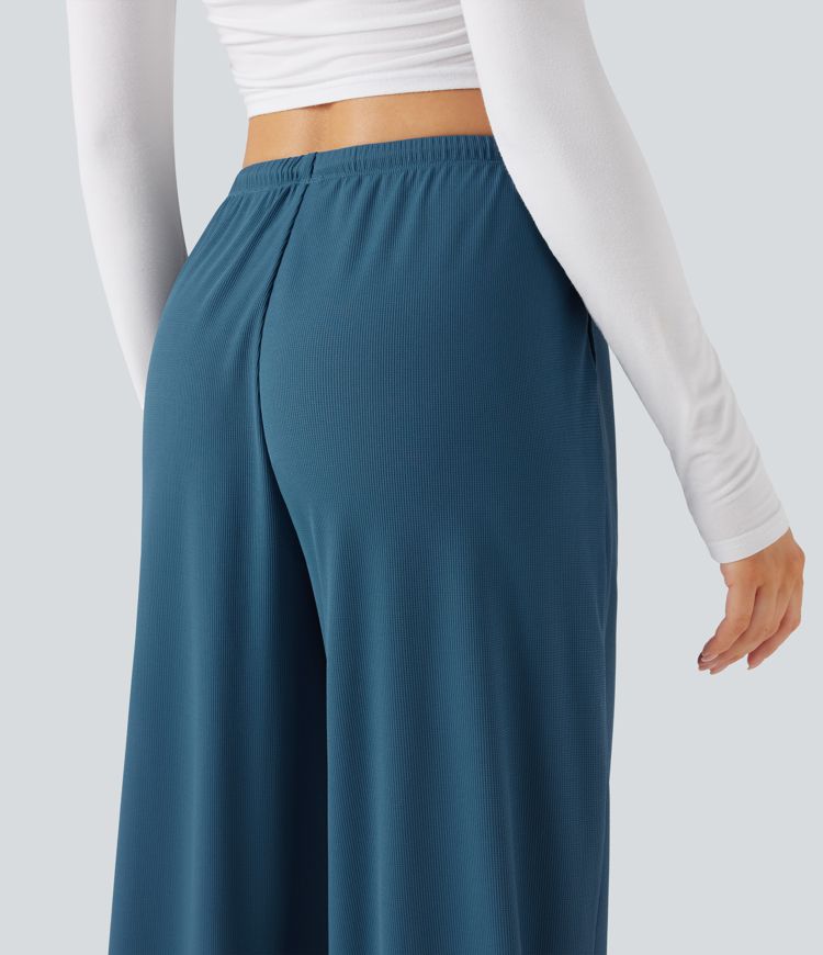 Mid Rise Drawstring Straight Leg Waffle Knit Yoga Pants with Pockets