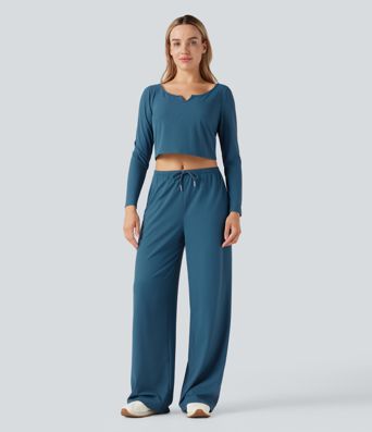 Mid Rise Drawstring Straight Leg Waffle Knit Yoga Pants with Pockets