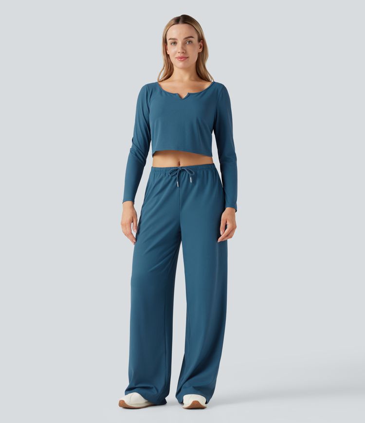 Mid Rise Drawstring Straight Leg Waffle Knit Yoga Pants with Pockets