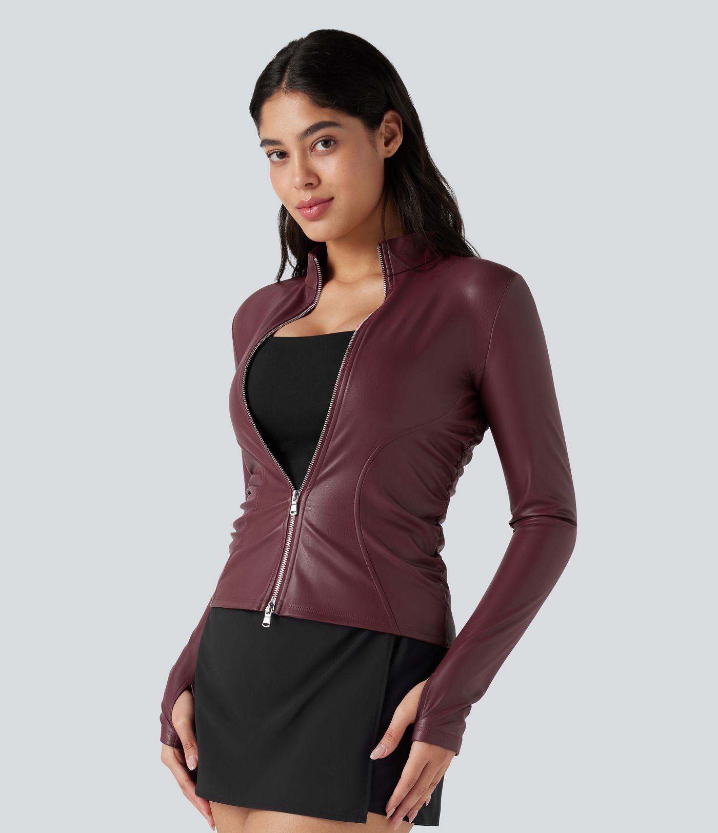 Stand Collar Long Sleeve Thumb Hole Fleece Casual PU Faux Leather Jacket