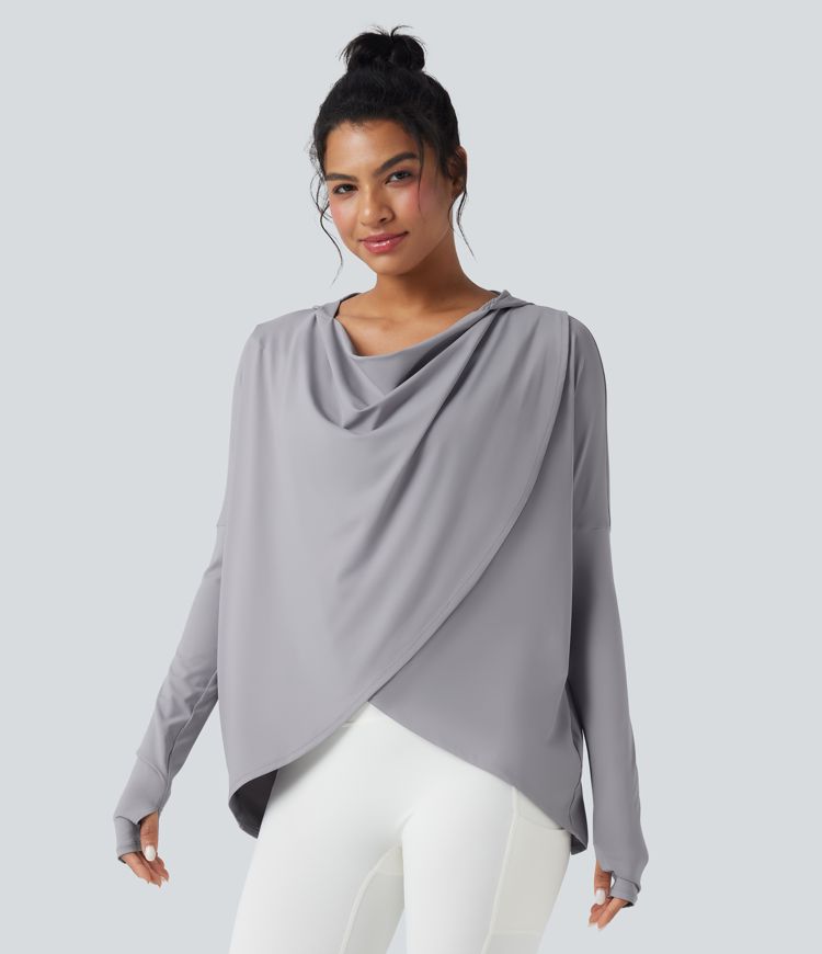 Hooded Cowl Neck Long Sleeve Thumb Hole Yoga Sports Top with Pockets