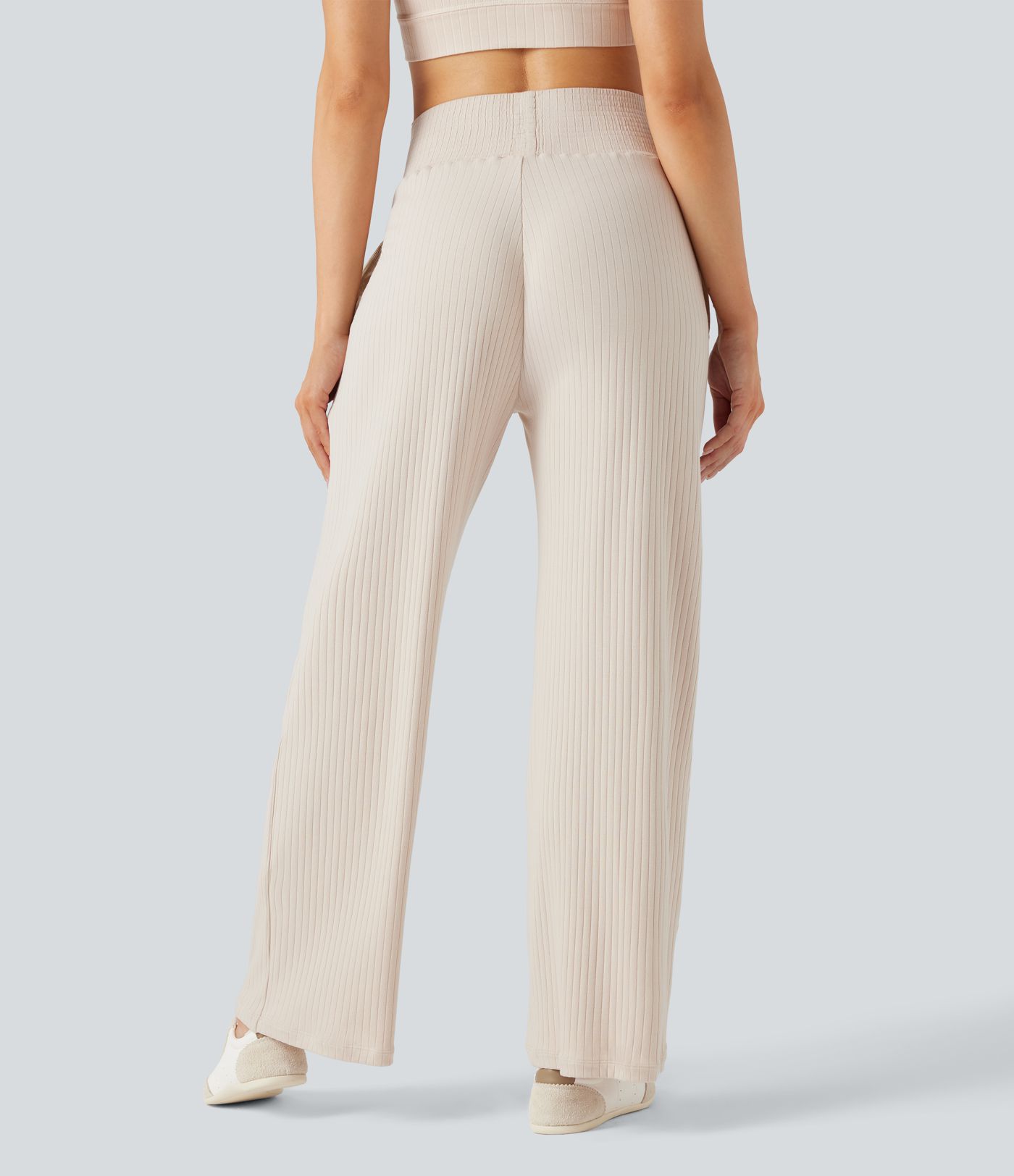 Ribbed Knit High Waisted Casual Pants with Pockets