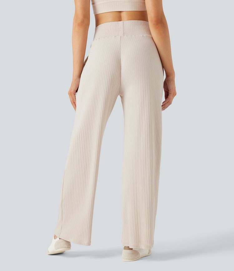 Ribbed Knit High Waisted Casual Pants with Pockets