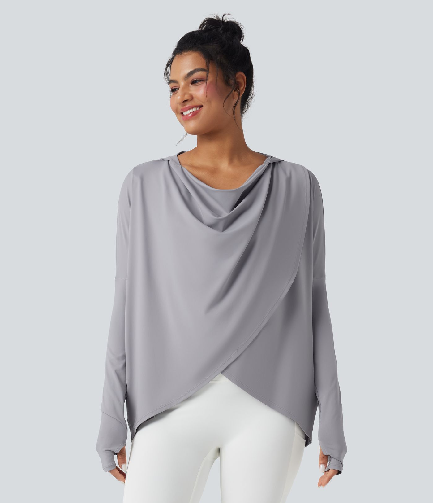 Hooded Cowl Neck Long Sleeve Thumb Hole Women Gym Yoga Sports Top with Pockets