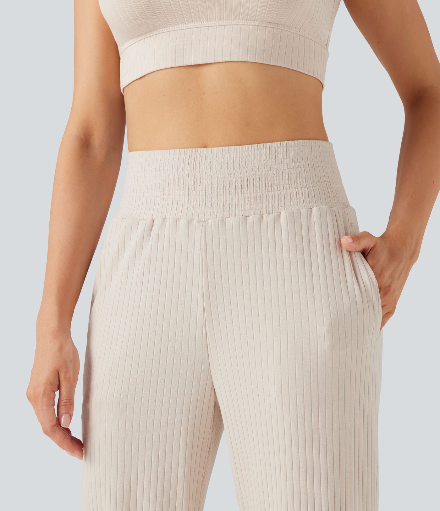 Ribbed Knit High Waisted Casual Pants with Pockets