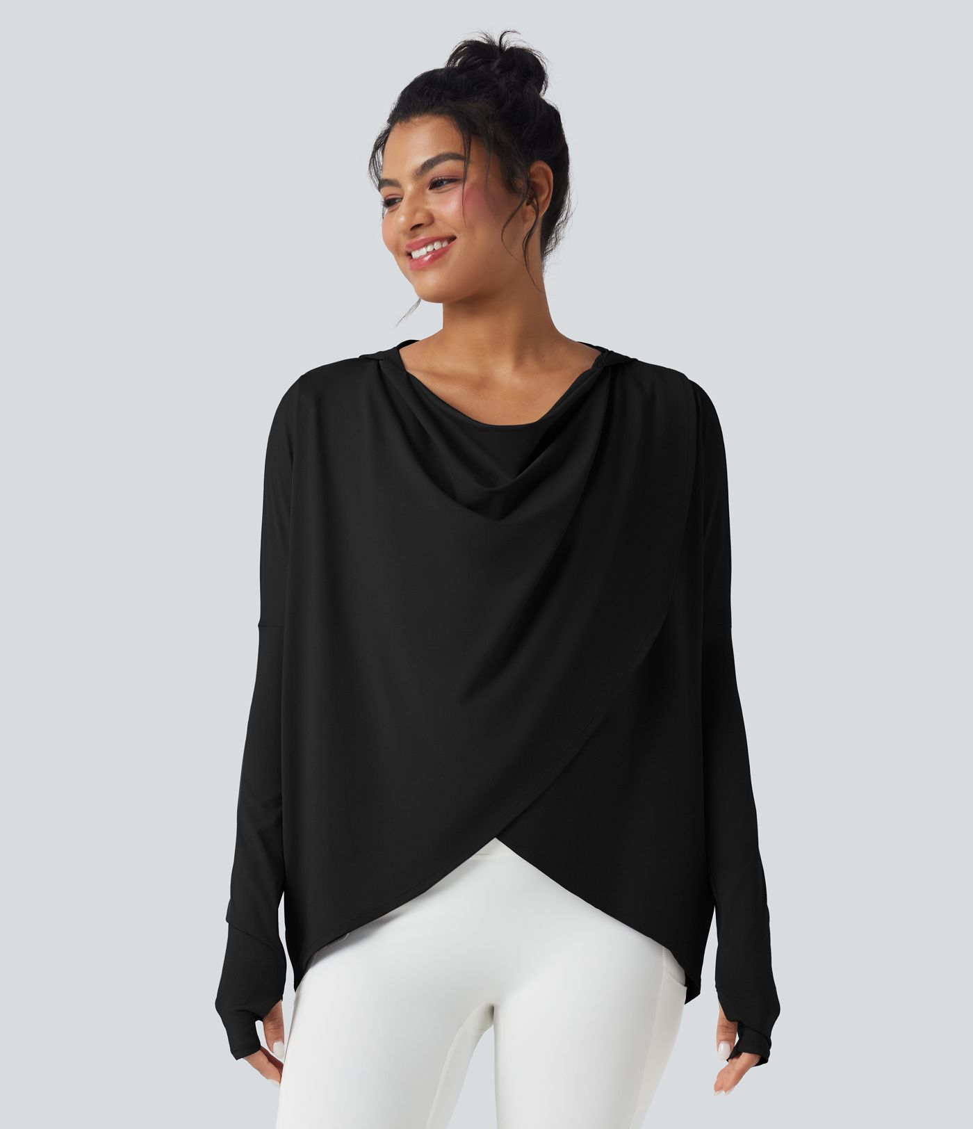 Yoga-Sport-Top mit Kapuze, Wasserfallausschnitt, Seitentaschen, langen Ärmeln und Daumenlöchern