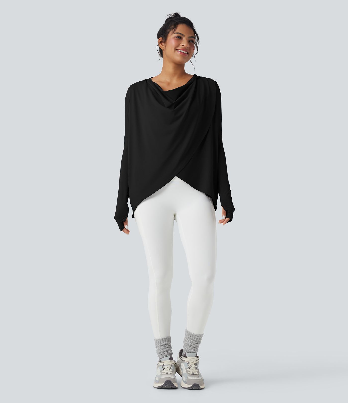 Yoga-Sport-Top mit Kapuze, Wasserfallausschnitt, Seitentaschen, langen Ärmeln und Daumenlöchern