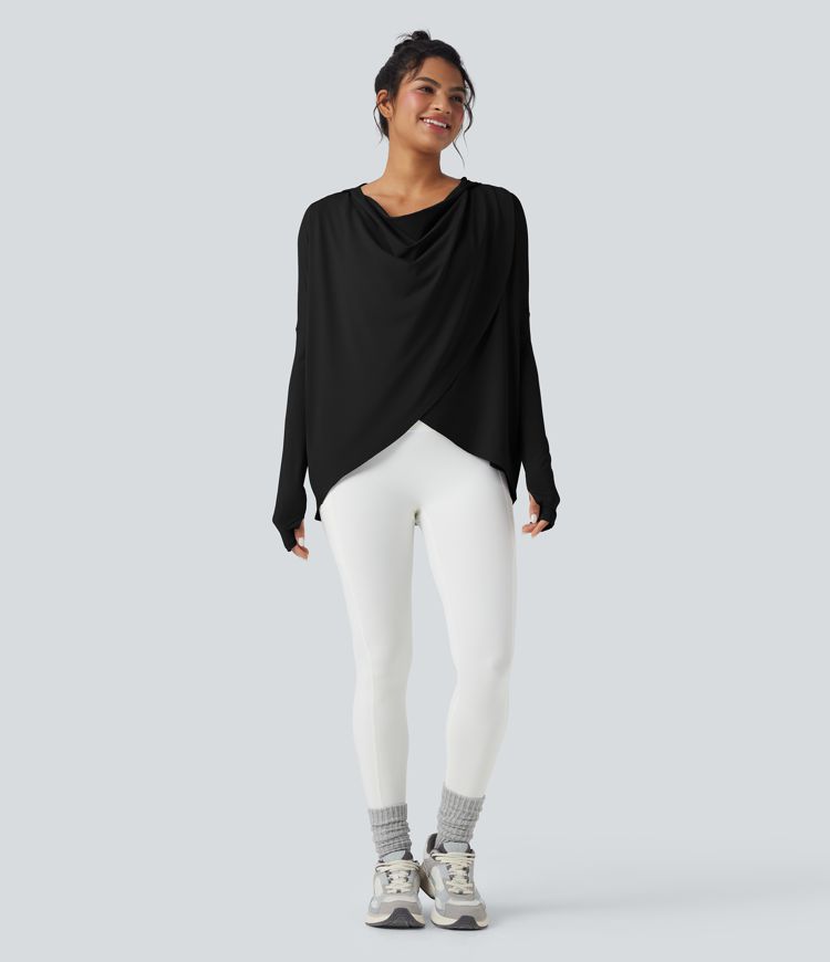 Yoga-Sport-Top mit Kapuze, Wasserfallausschnitt, Seitentaschen, langen Ärmeln und Daumenlöchern