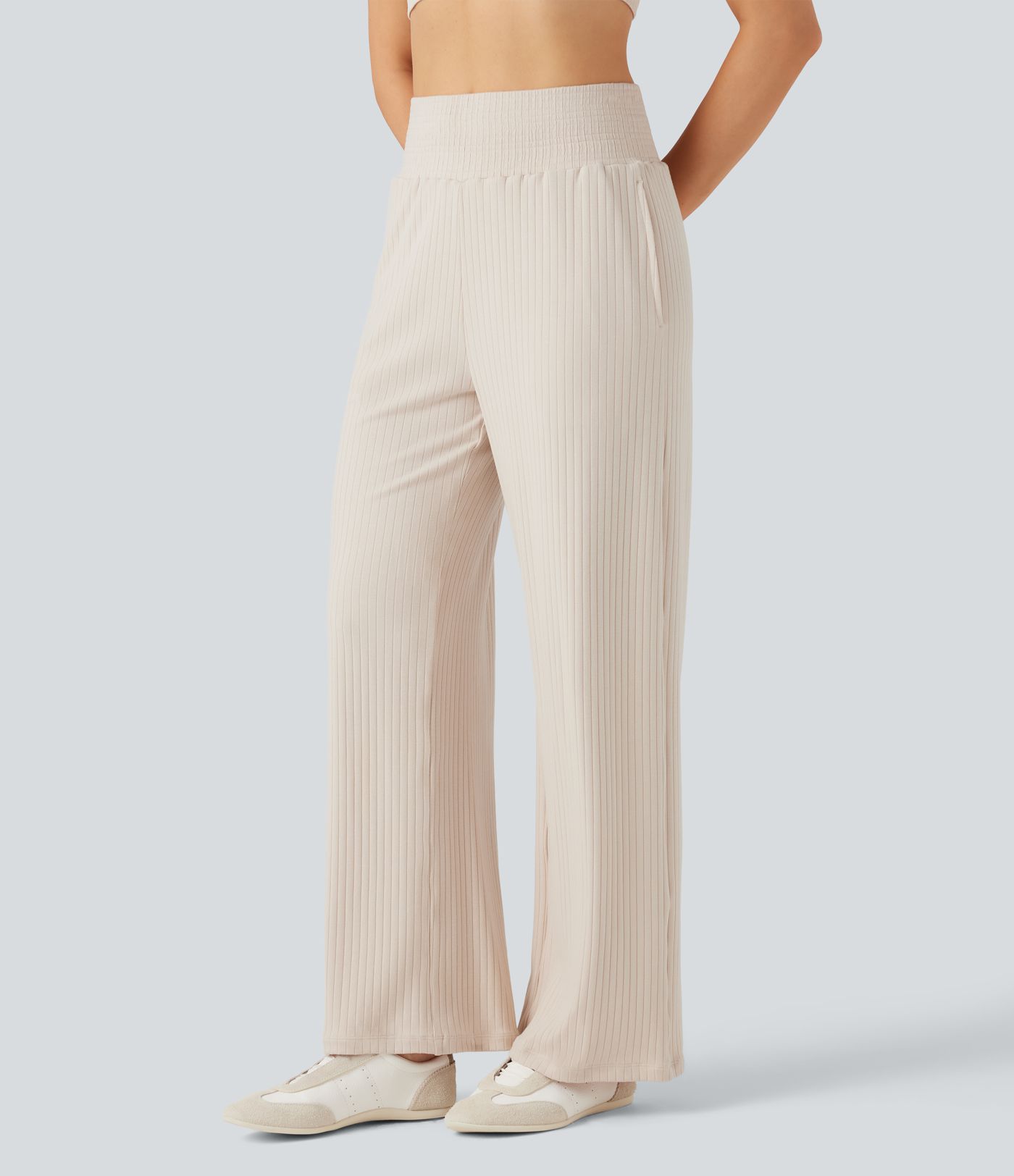 Ribbed Knit High Waisted Casual Pants with Pockets
