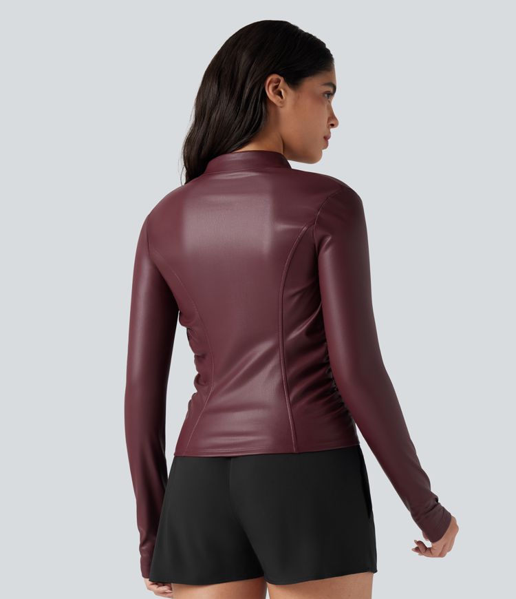 Stand Collar Long Sleeve Thumb Hole Fleece Casual PU Leather Jacket