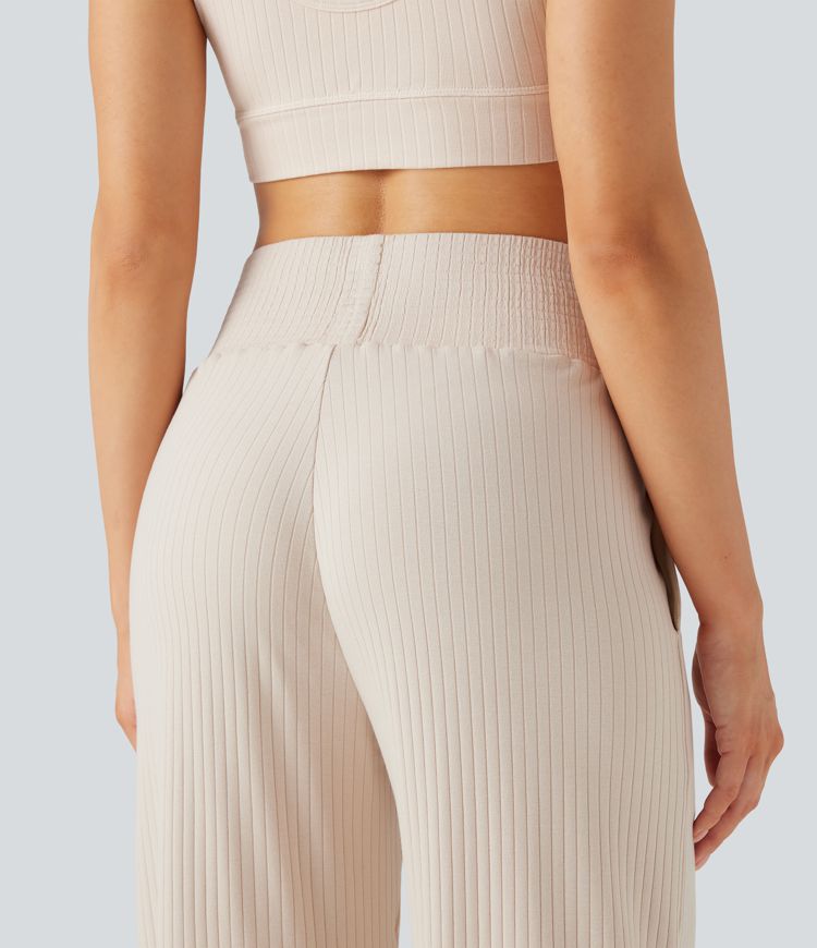 Ribbed Knit High Waisted Casual Pants with Pockets