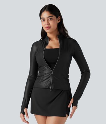 Jaqueta casual em couro PU com gola alta, mangas curtas, abertura frontal e forro de lã.