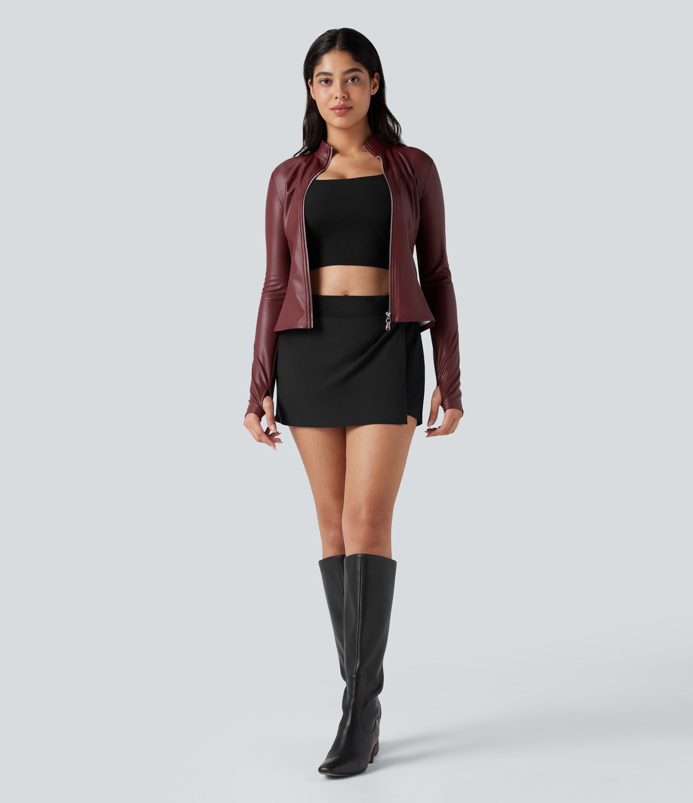 Stand Collar Long Sleeve Thumb Hole Fleece Casual PU Faux Leather Jacket