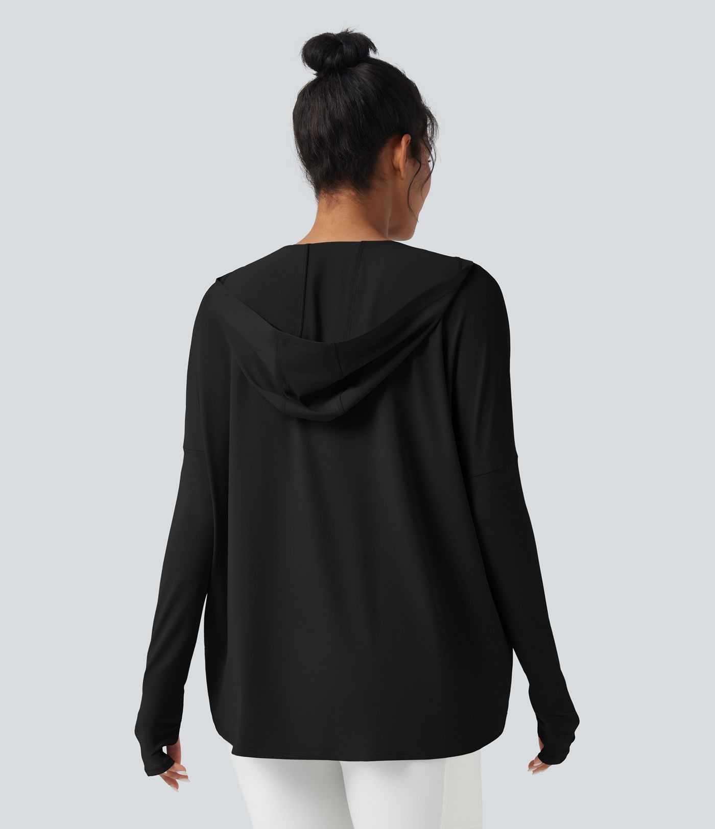 Yoga-Sport-Top mit Kapuze, Wasserfallausschnitt, Seitentaschen, langen Ärmeln und Daumenlöchern