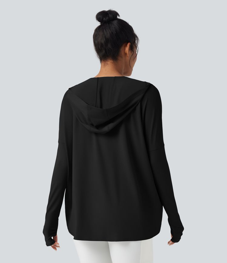 Yoga-Sport-Top mit Kapuze, Wasserfallausschnitt, Seitentaschen, langen Ärmeln und Daumenlöchern