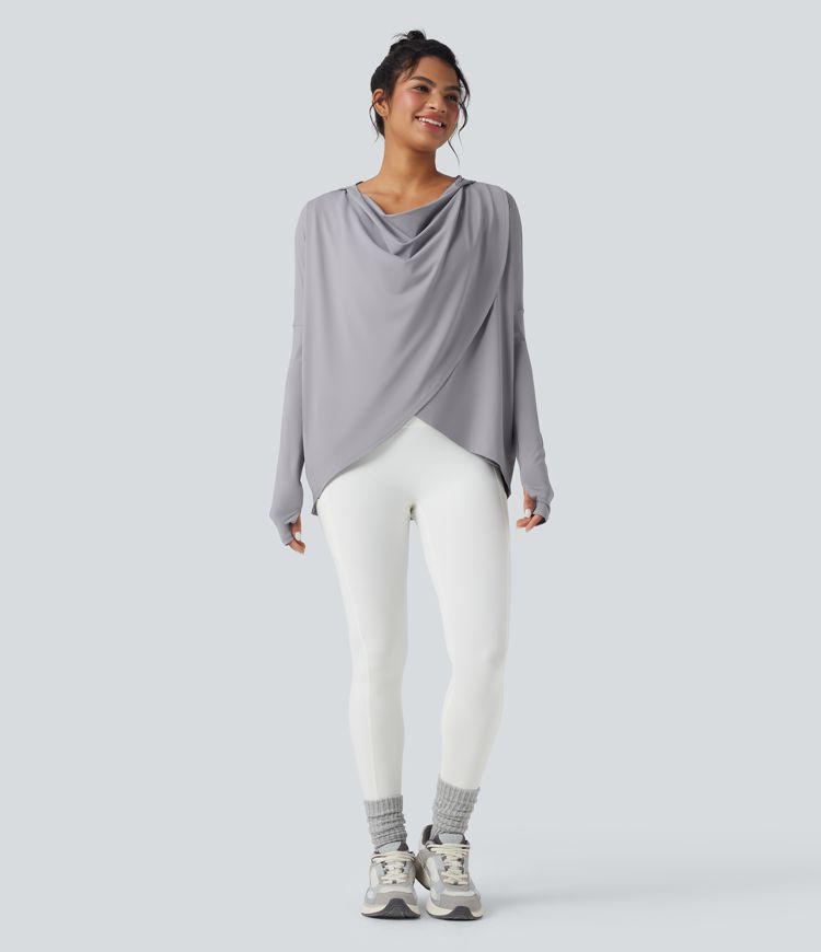 Hooded Cowl Neck Long Sleeve Thumb Hole Yoga Sports Top with Pockets