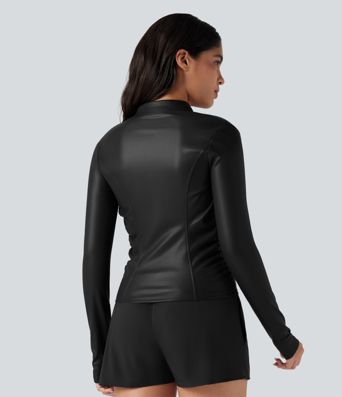 Jaqueta casual em couro PU com gola alta, mangas curtas, abertura frontal e forro de lã.