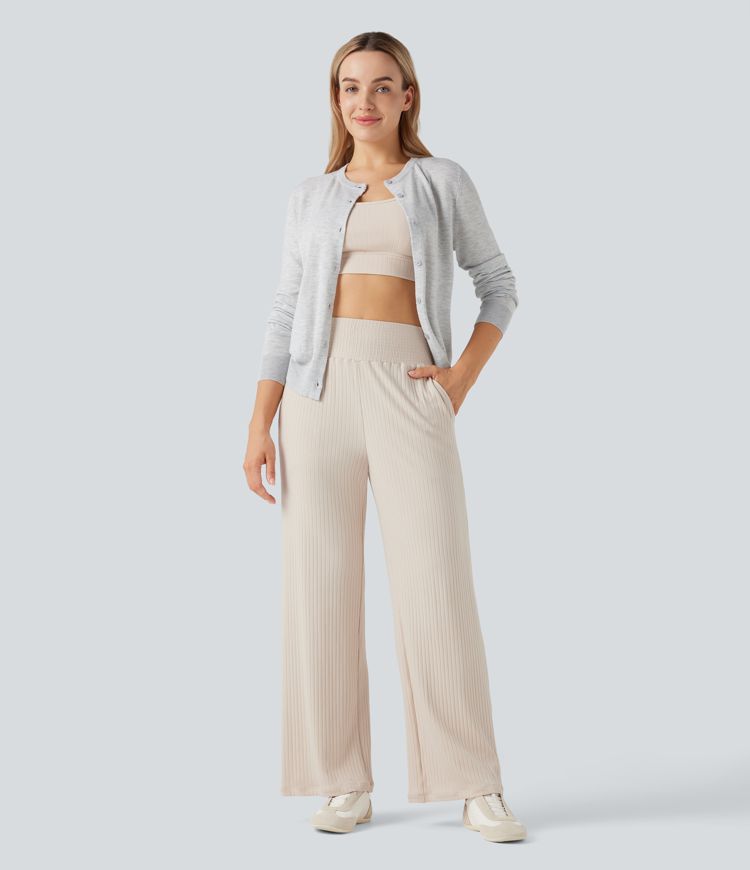 Ribbed Knit High Waisted Casual Pants with Pockets
