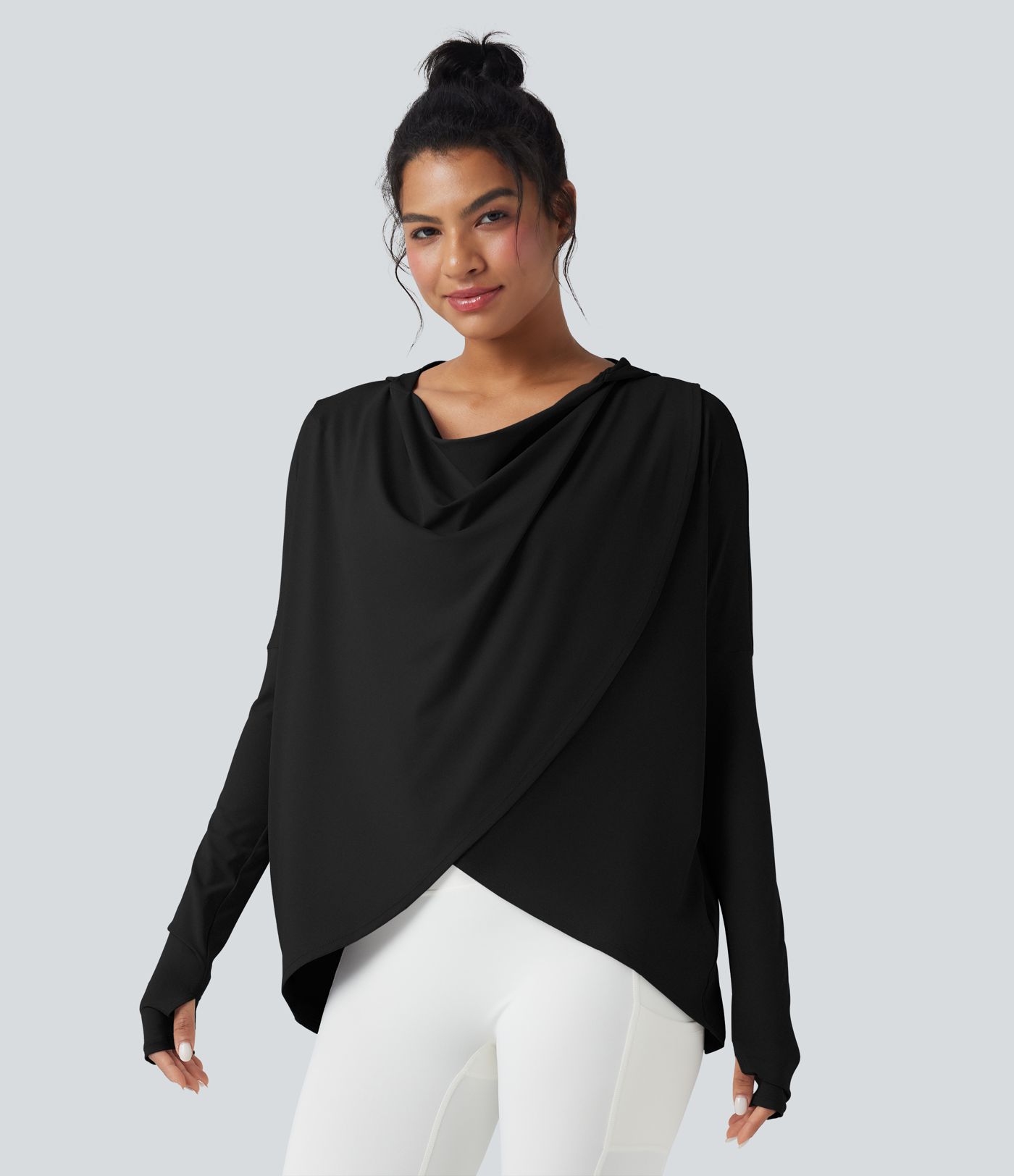 Yoga-Sport-Top mit Kapuze, Wasserfallausschnitt, Seitentaschen, langen Ärmeln und Daumenlöchern