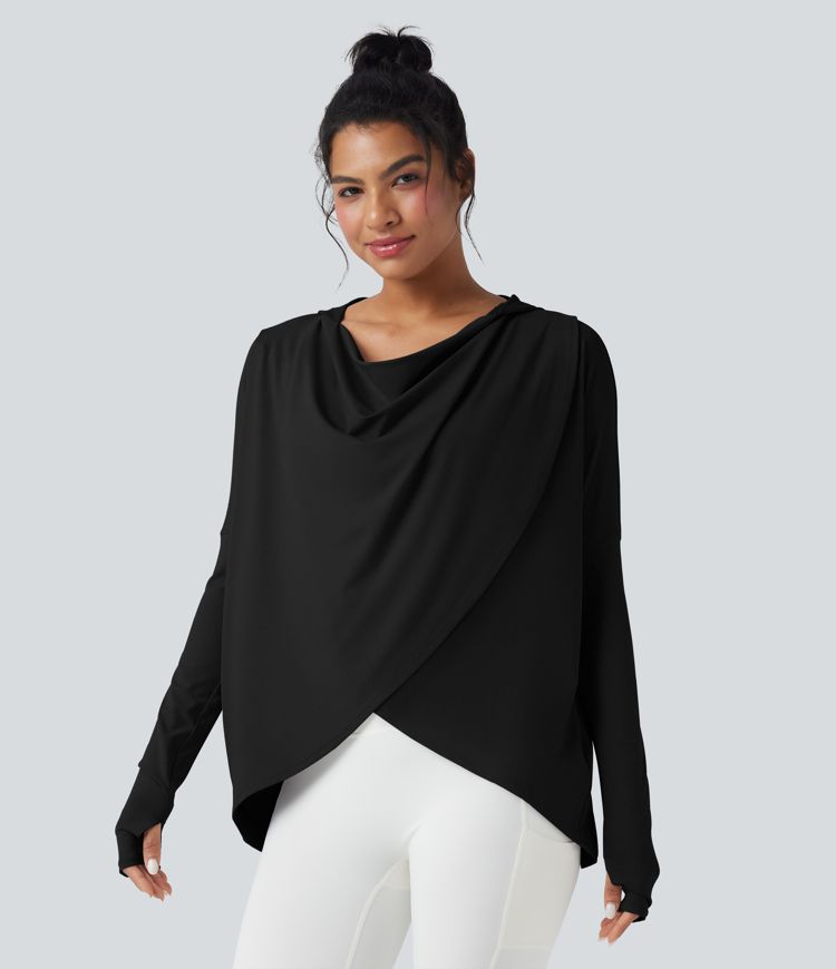 Yoga-Sport-Top mit Kapuze, Wasserfallausschnitt, Seitentaschen, langen Ärmeln und Daumenlöchern