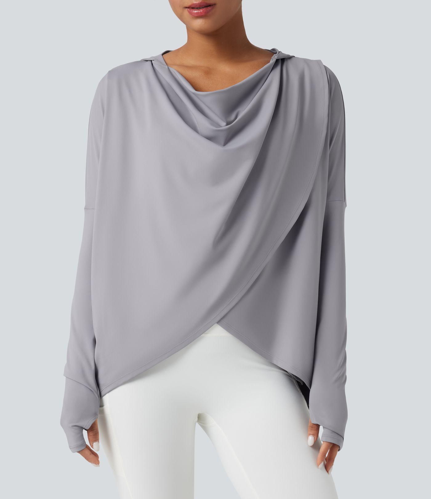 Hooded Cowl Neck Long Sleeve Thumb Hole Women Gym Yoga Sports Top with Pockets