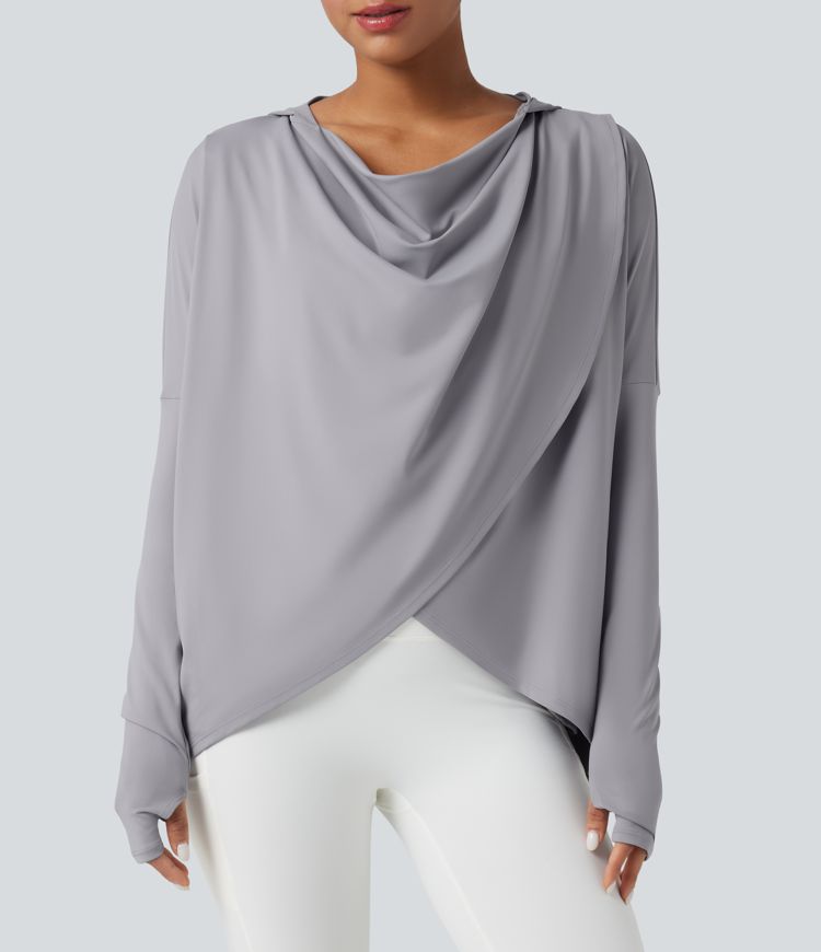 Hooded Cowl Neck Long Sleeve Thumb Hole Yoga Sports Top with Pockets